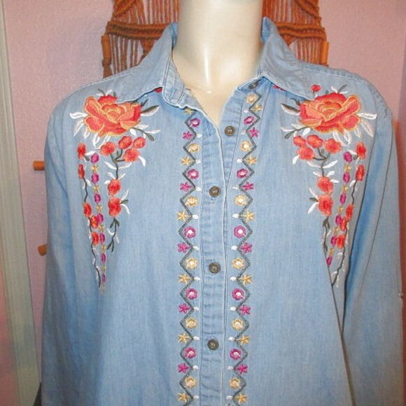 Vtg Embroidered Chambray Denim Shirt Size XL Tunic Top Bloomcore Boho Western - Picture 2 of 11